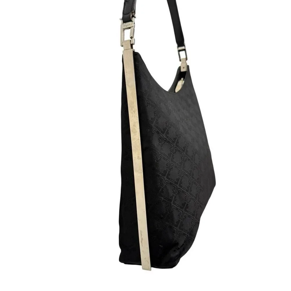 Salvatore Ferragamo Women's Black Authentic Canvas Leather Jacquard Shoulder Bag